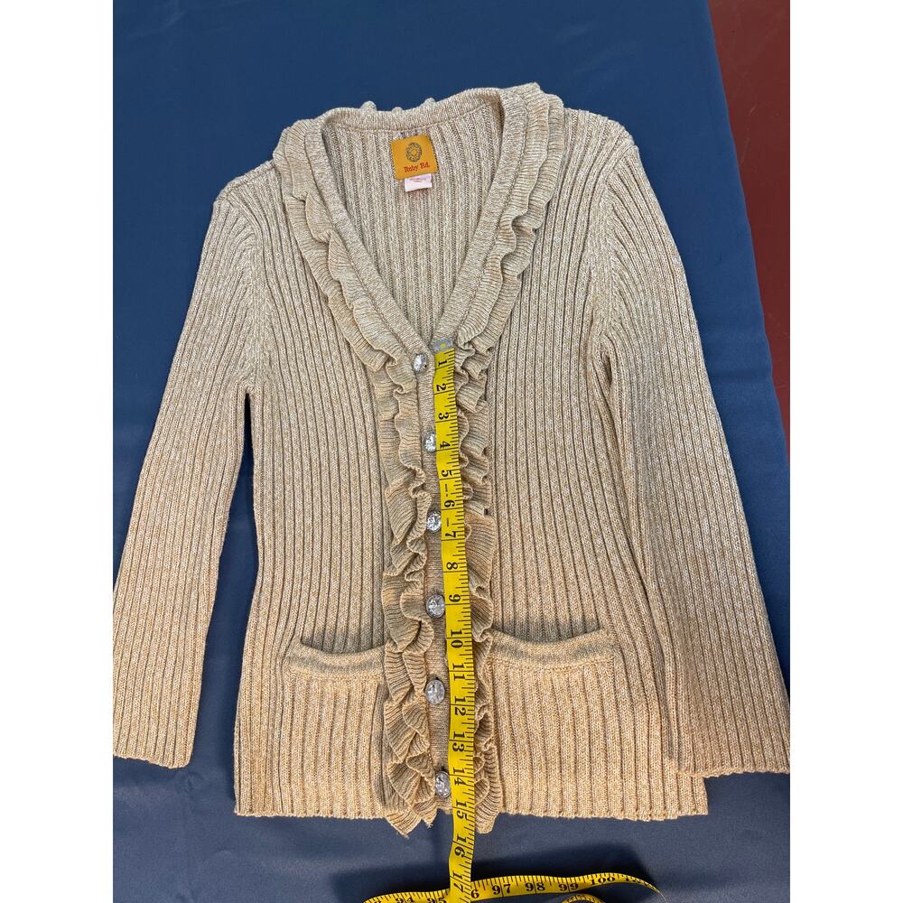 Ruby Rd Long Sleeve V-Neck Button-Up‎ Cardigan Ruffled Front Color Beige Size L - Picture 6 of 7